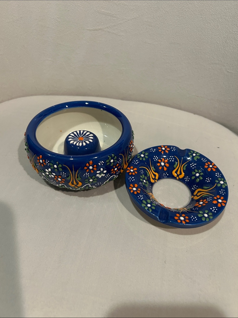 Hand-Painted Blue Ceramic Ashtray and Bowl Set
